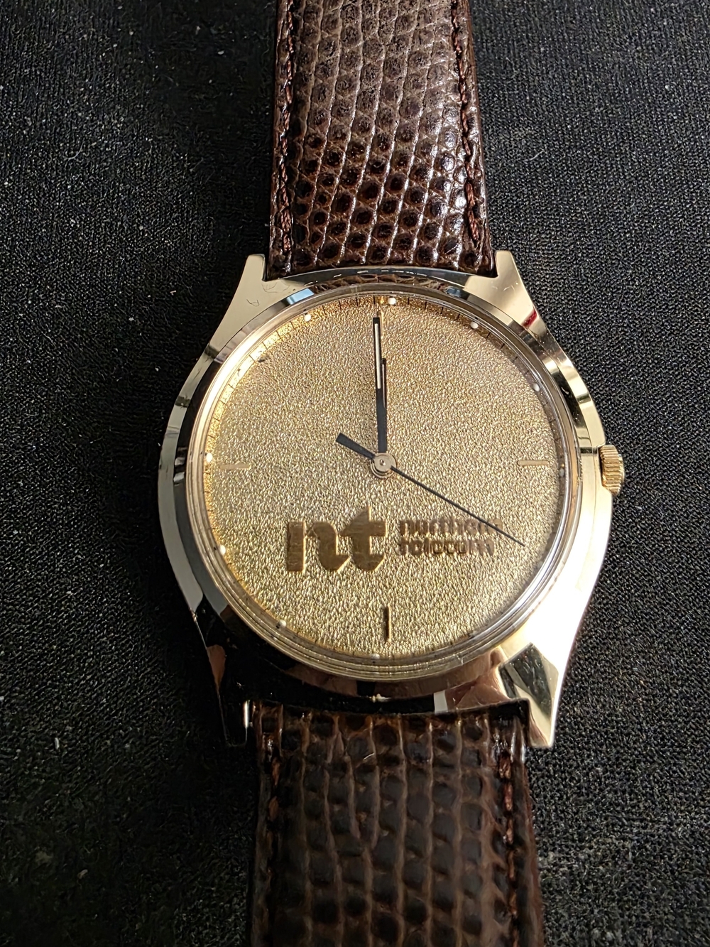 Gold Textured Dial Watch with Brown Leather Strap